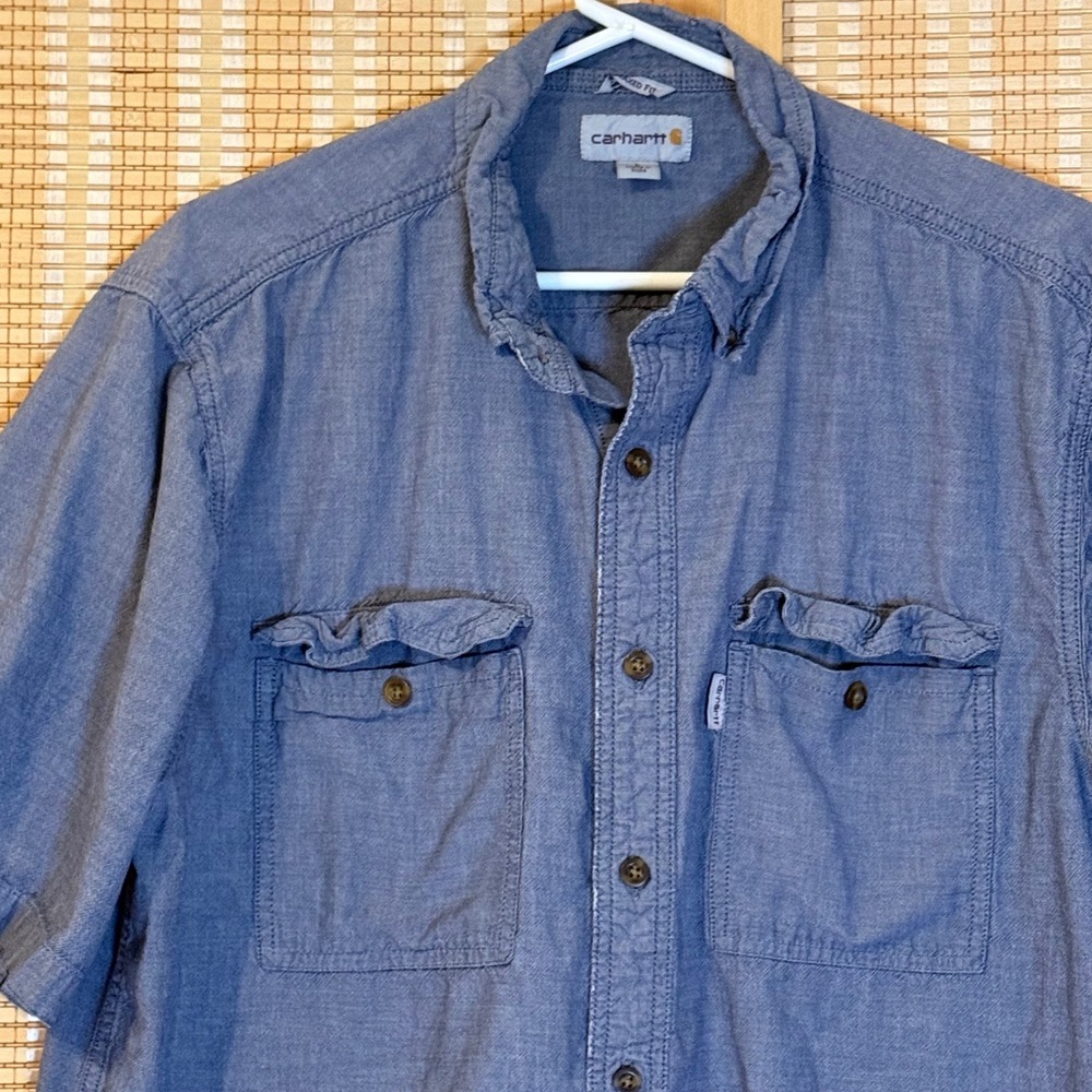Carhartt Mens Relaxed Fit Short Sleeve Chambray Button Down Shirt Blue L